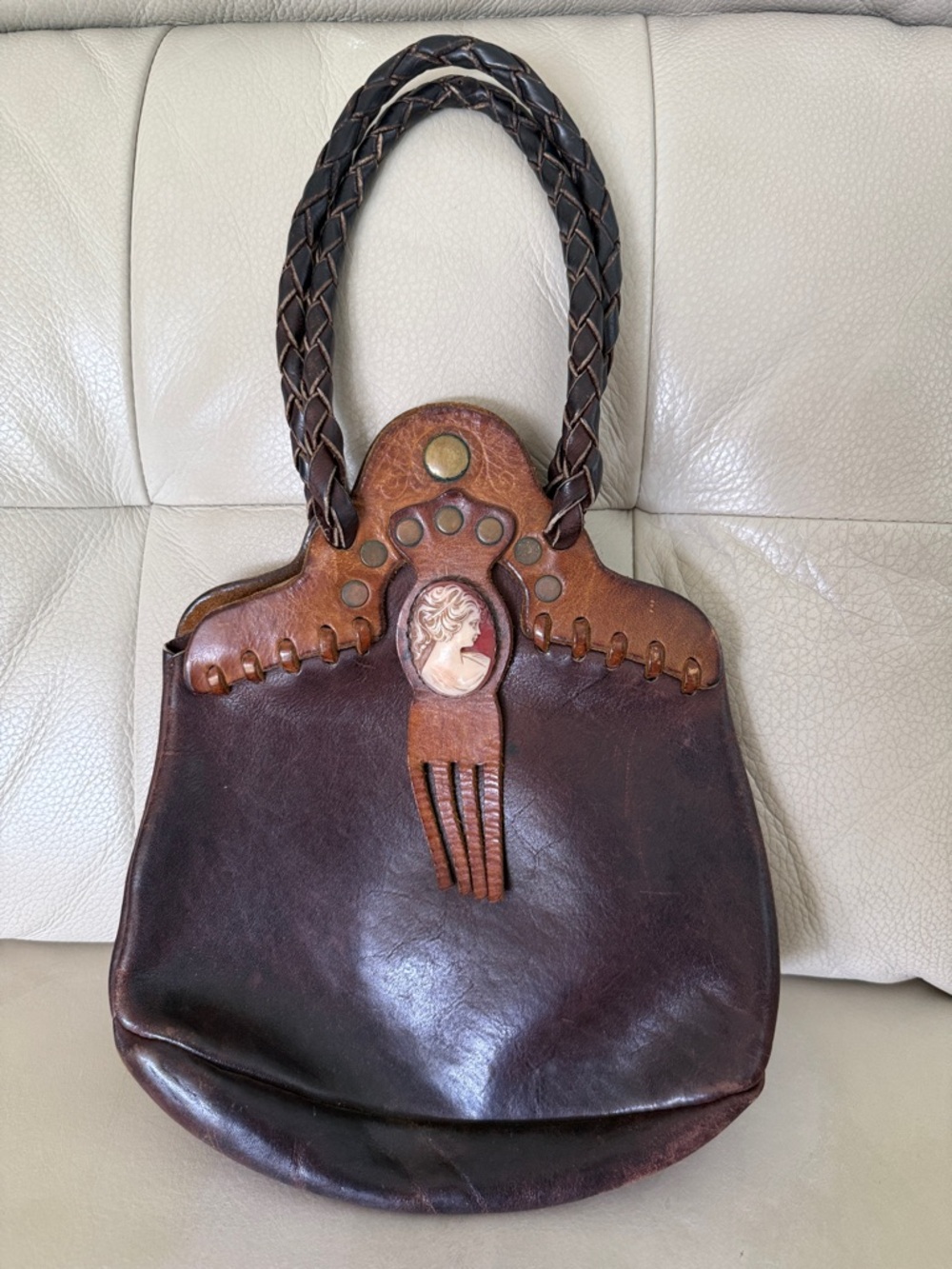 Handcrafted Brown Leather Tote with Cameo Accent